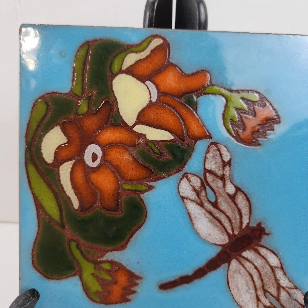Dragonfly and Flowers Hand Painted Clay Tile Art w Fired Glazed Finish 6x6